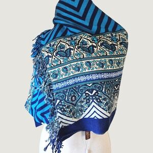 Dana Xu Blue White 100% Wool Pashmina Paisley Chevron Fringe Shawl Scarf NEW